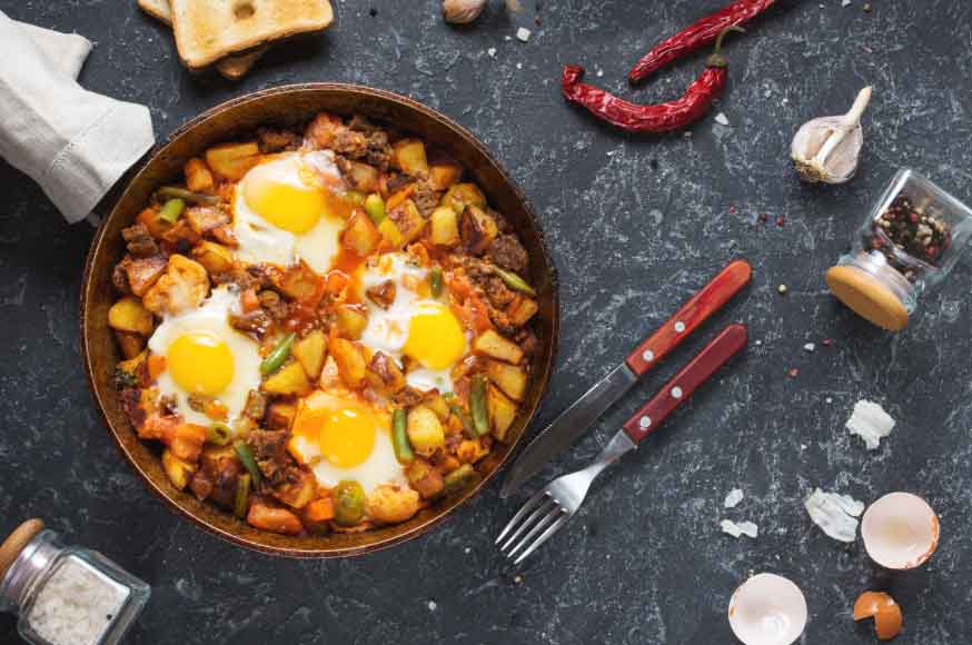 The perfect brunch dish to use up leftover roast potatoes and cooked vegetables from your fridge!