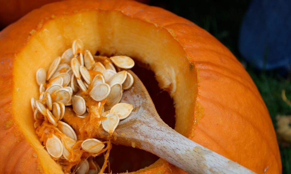 Roast the seeds and use the stringy bits for pumpkin infused broth.