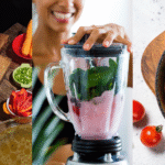 Image of a cook chopping vegetables, a woman making a smoothie, and a frittata cooling on the counter.