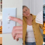 Left to right: a photo of well lit kitchen with an island and wooden countertops, a hand is turning a light switch off, a woman waves a fan on her face while leaning on a counter top, a person pulls the handle of an air-fryer while ingredients sit on the counter beside it.