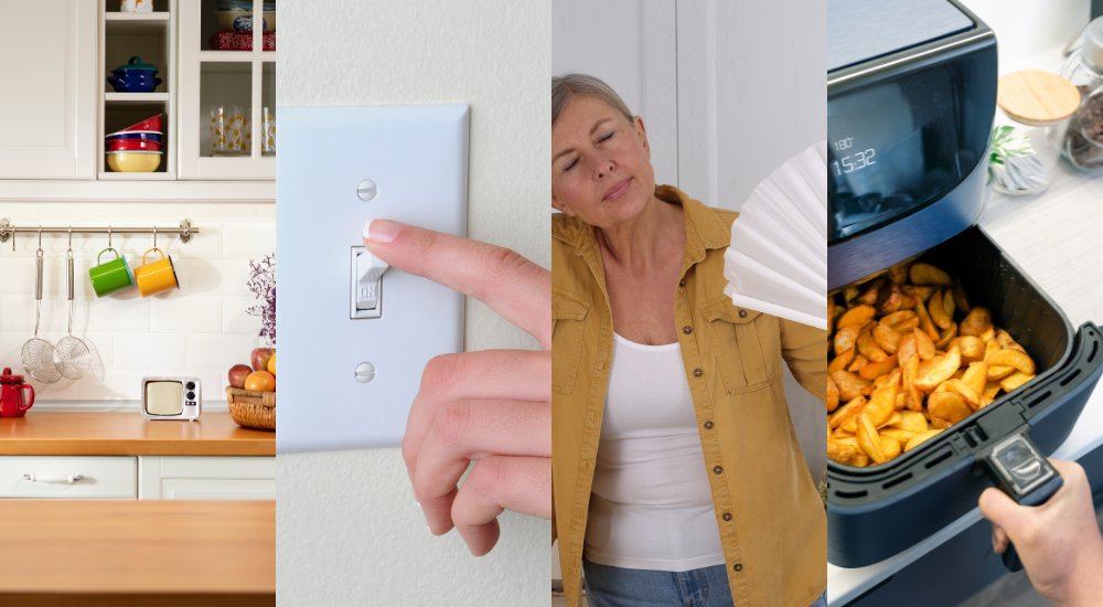Left to right: a photo of well lit kitchen with an island and wooden countertops, a hand is turning a light switch off, a woman waves a fan on her face while leaning on a counter top, a person pulls the handle of an air-fryer while ingredients sit on the counter beside it.