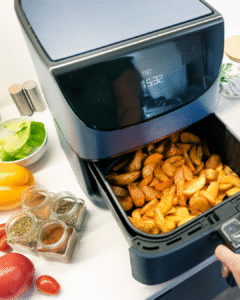 A hand pulls the air-fryer out that contains fried potatoes within. Beside rests some seasonings and other ingredients.