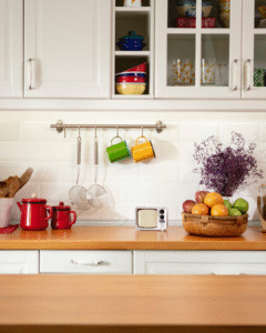 a well lit kitchen with wooden countertops, fruit in a bowl and kitchen supplies neatly kept.
